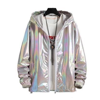 Women Men Hooded Coat Iridescent Shiny Holographic Jacket Top Fashion Hip Hop