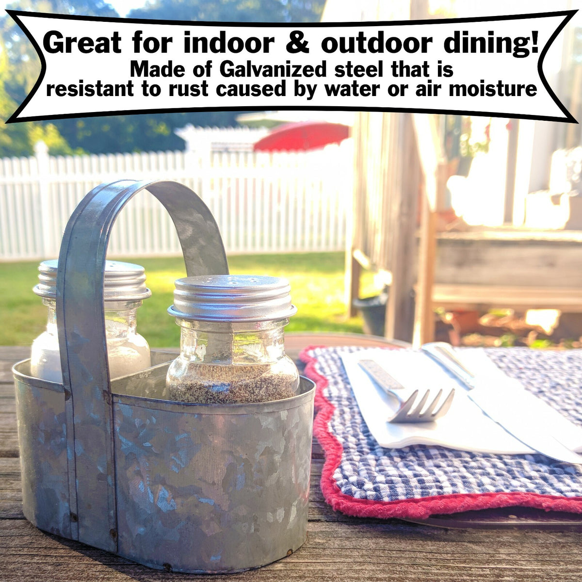 Farmhouse Salt & Pepper Shakers with Caddy Set, Galvanized Rustic Vintage Style