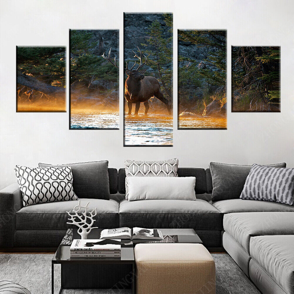 5 Pieces Animal Deer In Forest Stream Elk Sunset Landscape Paintings HD Prints