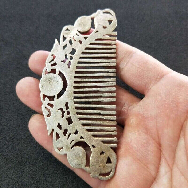 Chinese old Tibet Silver carving Flowers green jade comb