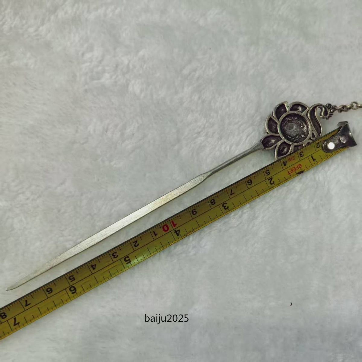 Green Jade Inlaid Old Tibetan Silver Hairpin,Chinese Old Craft Made A