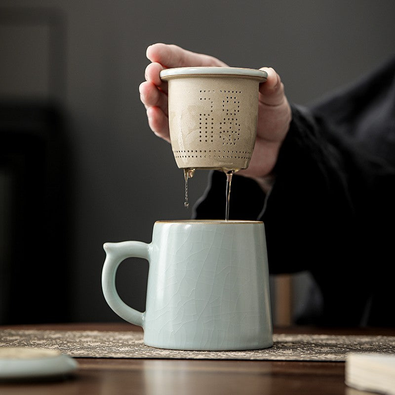 Azure Ru Kiln Ceramic Tea Cup Tea Separation with Lid Cup Tea Set