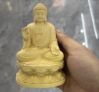4" Boxwood Hand Carved Shakyamuni Buddha Statue Buddhism Zen Figure Shrine Decor