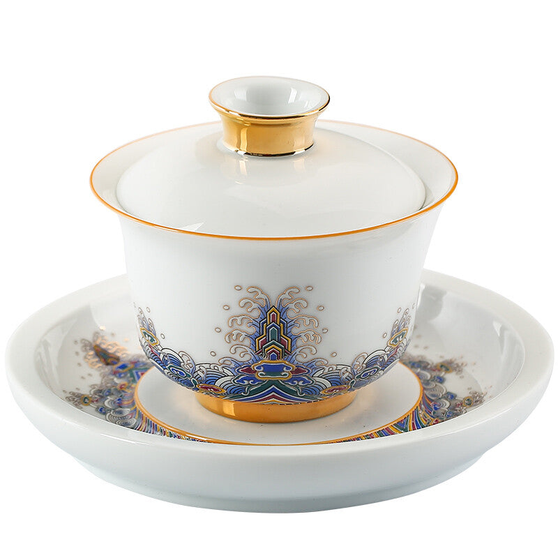 Boutique Gaiwan Porcelain Tureen Handpainted Cup Bowl Holder Cup Saucer With Lid