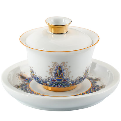 Boutique Gaiwan Porcelain Tureen Handpainted Cup Bowl Holder Cup Saucer With Lid