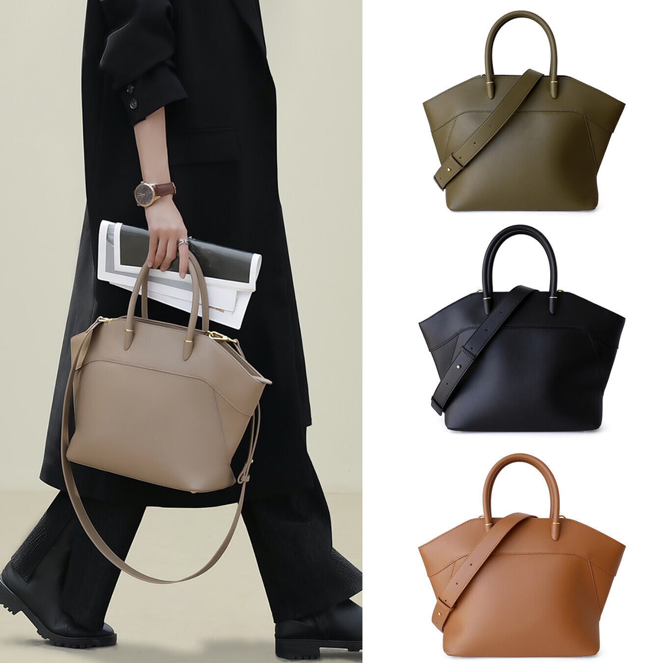 Trapezoid Real Leather Tote w/ Zipper Purse Shoulder Bag Handbag w/ Long Strap