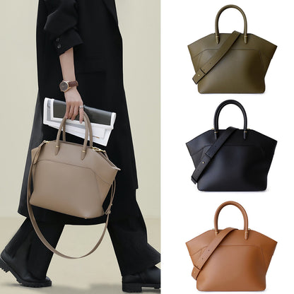 Trapezoid Real Leather Tote w/ Zipper Purse Shoulder Bag Handbag w/ Long Strap