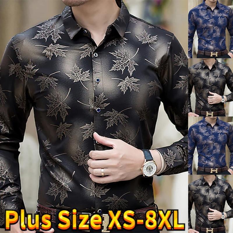 Moda Camisa Para Hombre de Vestir Mangas Largas Hojas de Arbol Ropa Fina