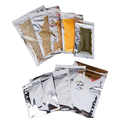 Many Different Sizes for 100 Flat Clear/Silver Foil Mylar Zip Lock Bags