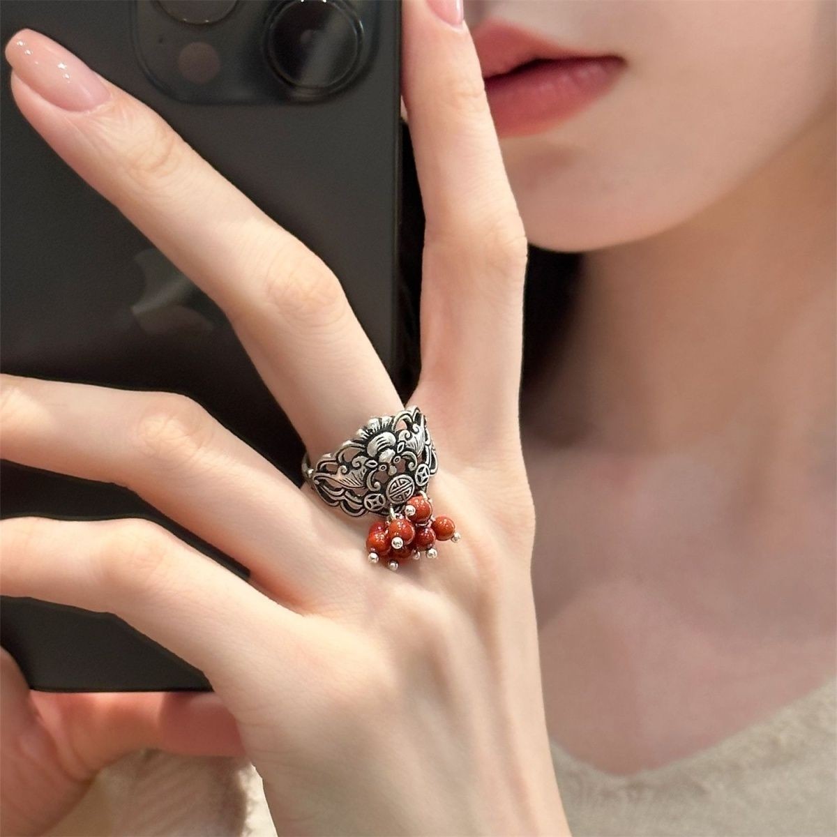 Vintage Chinese Bat Ring Red Agate Bead Hollow Silver Adjustable Retro Band