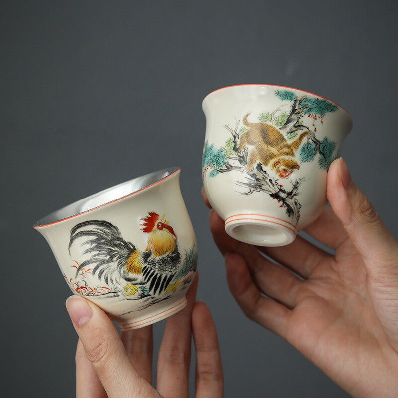 12 Tea Cups Ceramic + Silver Master Cup Zodiac Signs Print 150ml Chinese Tea Cup