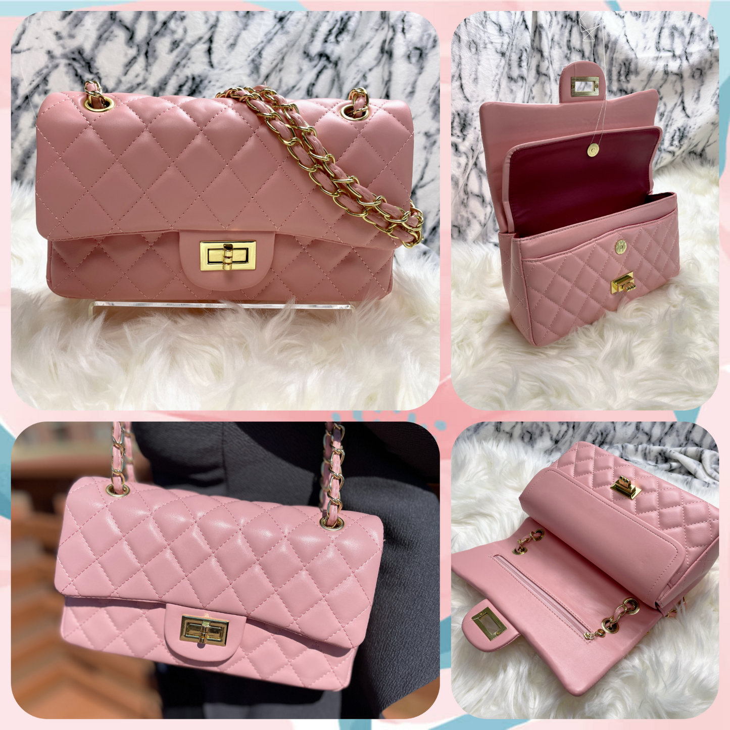 Women Classic Quilted Double Flap Shoulder Crossbody Leather Bag