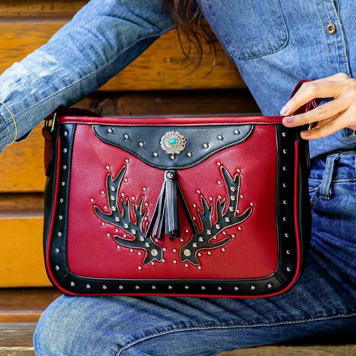 Celela Women Embroidered Concho Rhinestone Studs Fringe Crossbody Shoulder Bags