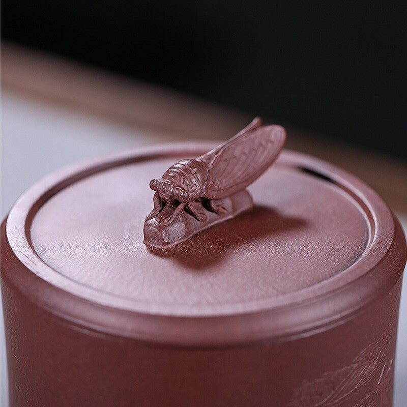 Full Handmade Tea Canister Carved Yixing Zisha Purple Clay Sealed Caddy For Tea