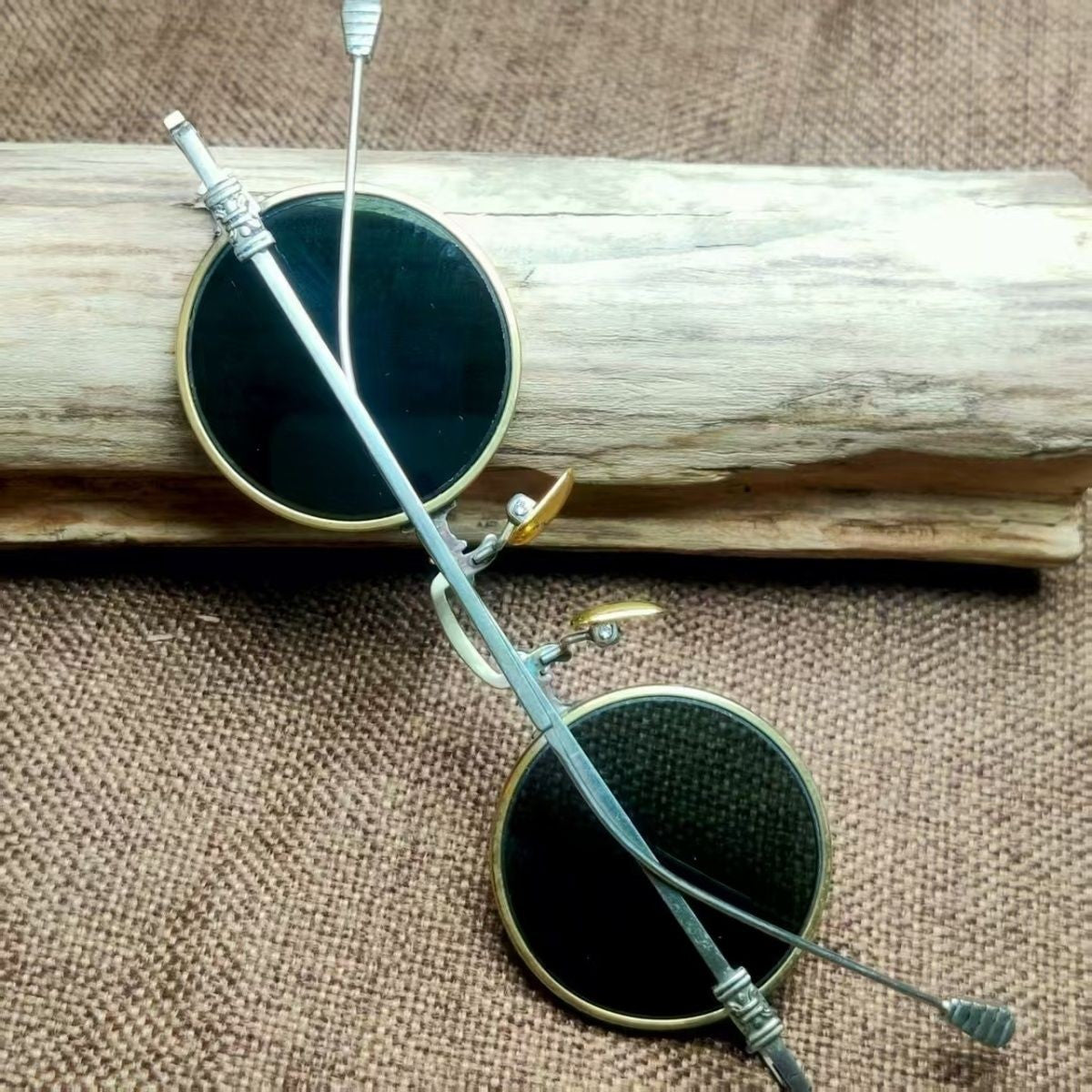 Antique Vintage Copper Frame Crystal Stone Round Eyeglasses Brown Sunglasses