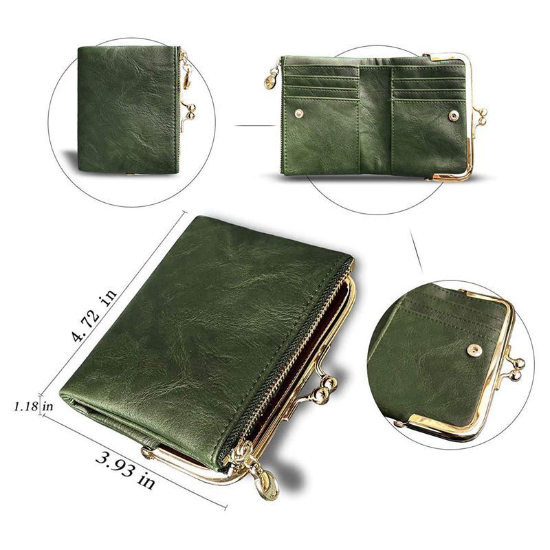 Wallet Short Bifold Retro Coin Purse Zip Kiss Lock Green Synthetic Leather Short