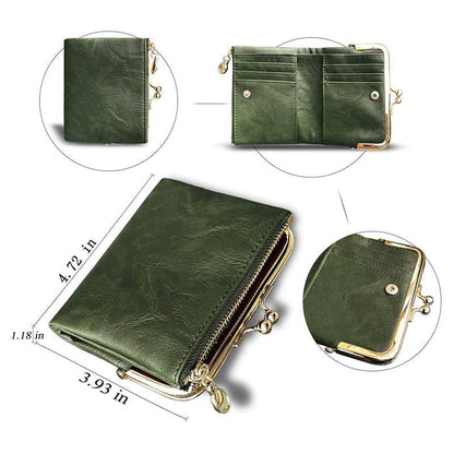 Wallet Short Bifold Retro Coin Purse Zip Kiss Lock Green Synthetic Leather Short