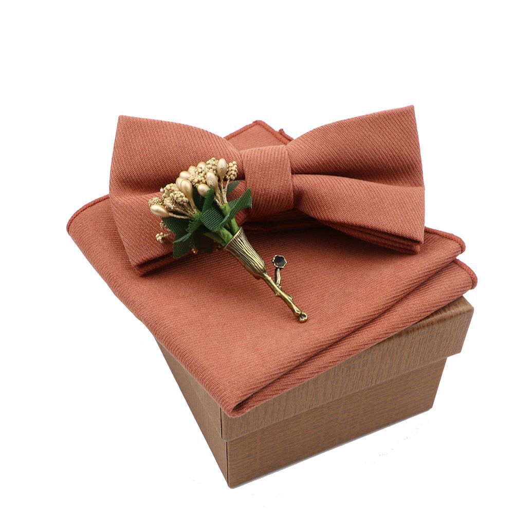 Men Bow Ties 3Pcs Cotton Handkerchief Flower Brooch Women Party Wedding Necktie