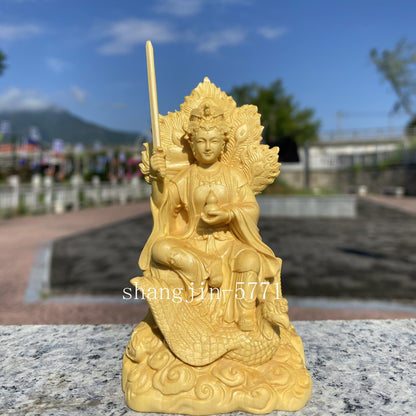 3.9" Chinese Boxwood Handcarved Jiutian Xuannü Goddess Holding Sword Statue