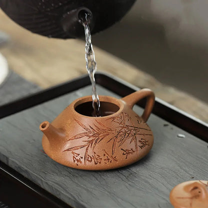 Chinese Yixing Purple Clay Handmade Triangular Shape Tea Pot Hand-carved