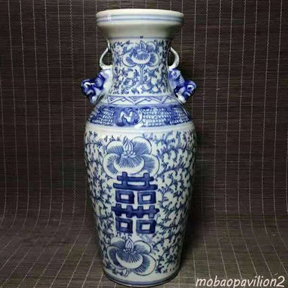 Antique Hand-painted Blue and White Porcelain Double Happiness Double Ear Bottle