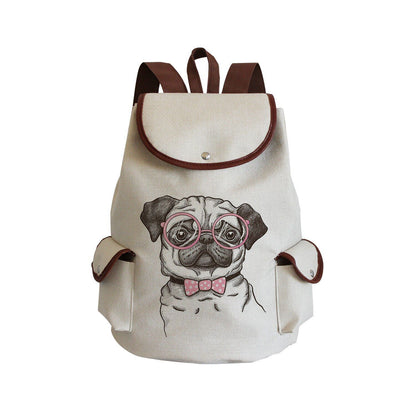 Dog Paw Print Backpack Drawstring Bags Linen Students Portable Cute Pug Printed