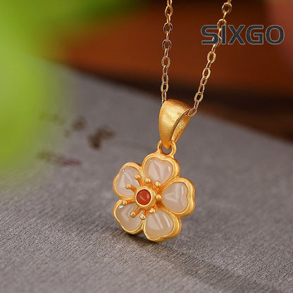 Real S925 Sterling Silver Natural Jade Women Lucky Plum Blossom Flower Pendant