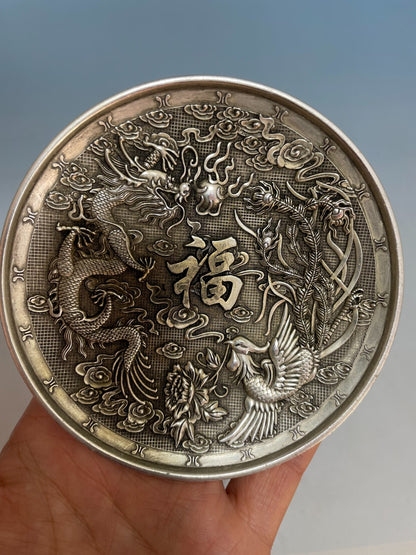 Rare Old Collection Chinese Tibet Silver Handcarved Dragon Phoenix Plate Gift