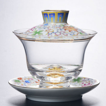 Tea Bowl Thickened Glass Tureen Tea Cover Bowl Lid Sancai Gaiwan Hand Painted