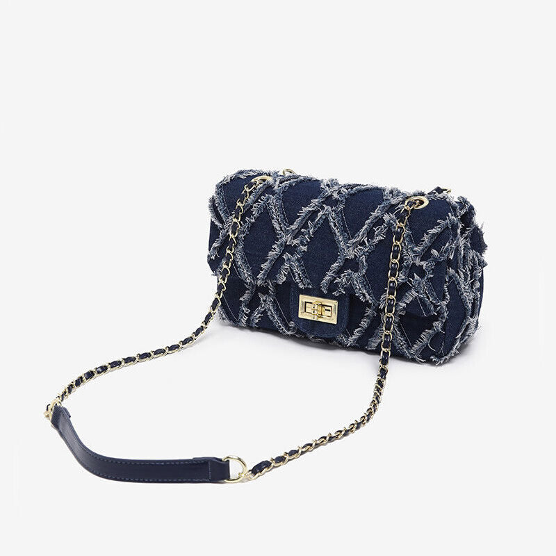 Denim Fringe Small Flap Bag Shoulder Purse Handbag w/ Chains Fashion Clutch