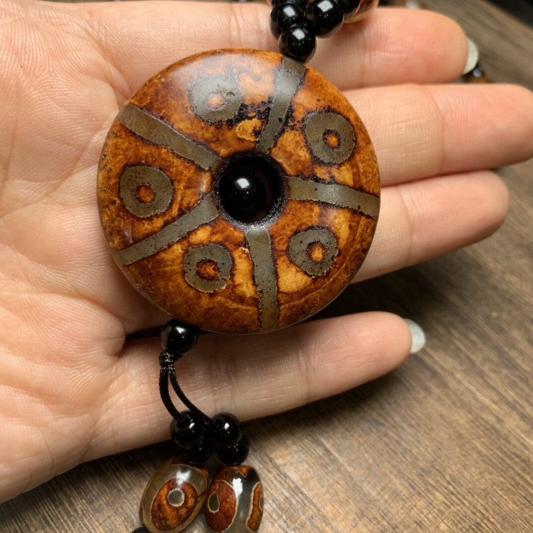 Tibetan Style Old Agate Three Eyes/TenEyes Pingan Knot Dzi Bead Amulet Pendant