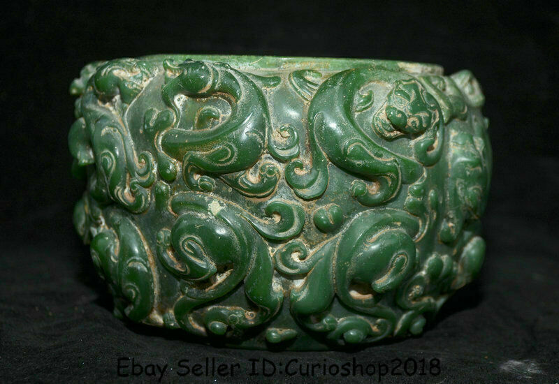 7" Rare Old Chinese Natural Green Jade Carved Dynasty Dragon Beast Pot Jar Crock