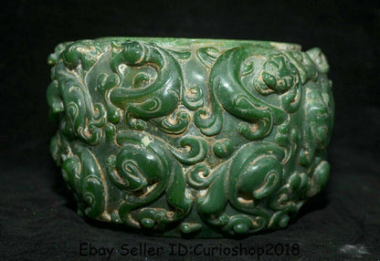 7" Rare Old Chinese Natural Green Jade Carved Dynasty Dragon Beast Pot Jar Crock