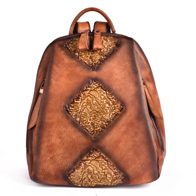 Travel Bag Vintage Rucksack Embossed Leisure Daypacks Genuine Leather Backpacks