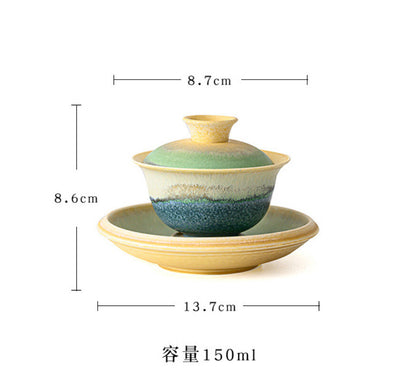 150ml Kiln Change Green Hill Ceramic Gaiwan Tea Set Tea Bowl Saucer Tea Tureen