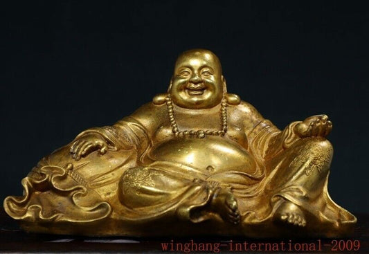 8.8"Old China Xuande Marked Bronze Gilt Happy Laugh Maitreya Buddha Statue