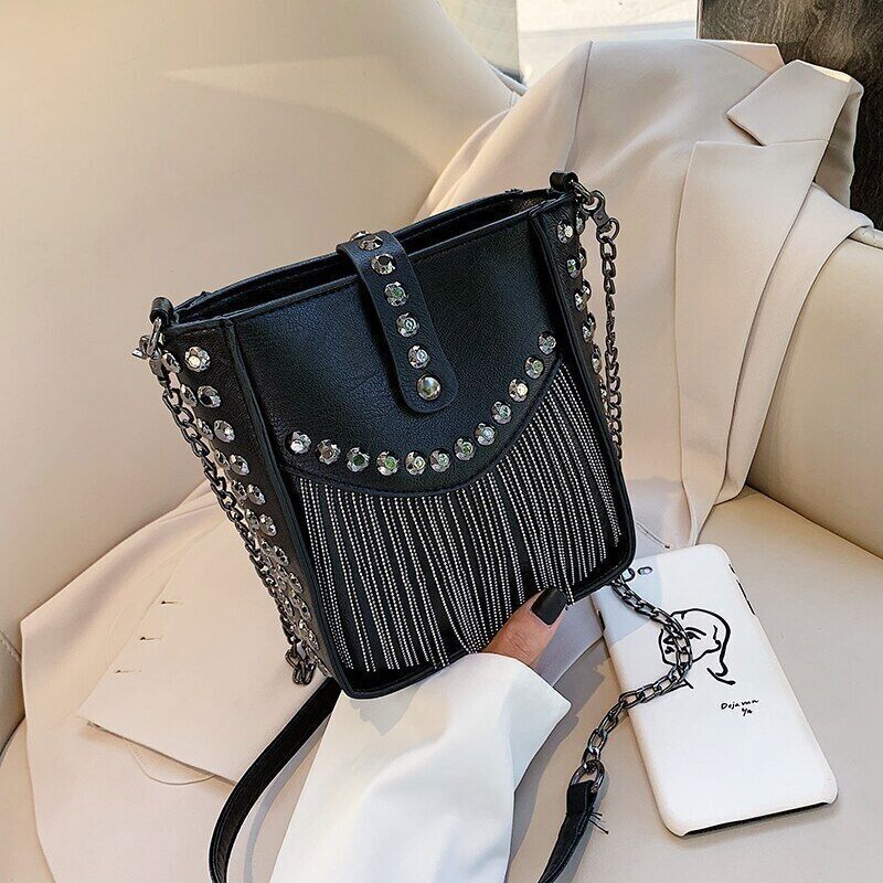 Women Shoulder Bag PU Leather Handbag Black Crossbody Tassel