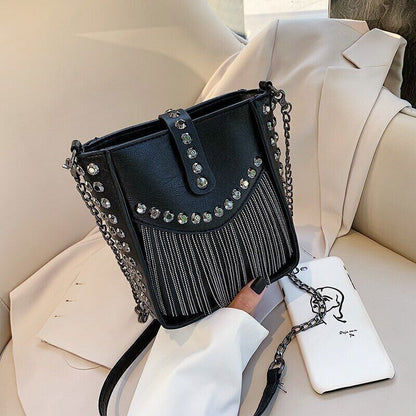 Women Shoulder Bag PU Leather Handbag Black Crossbody Tassel