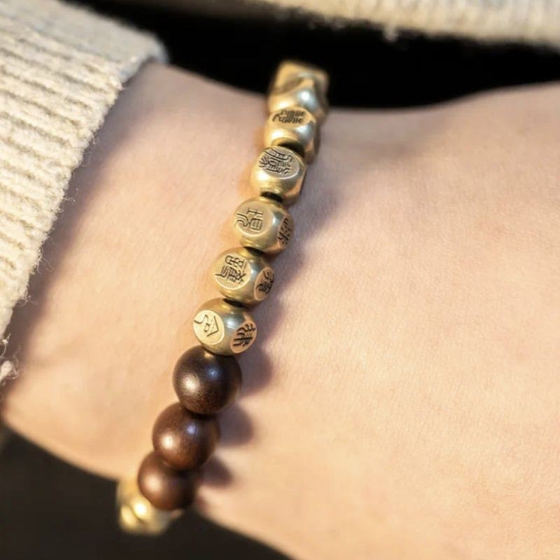 Natural Brass Golden Light Mantra Beaded Bracelet Handmade Retro Ethnic Jewelry