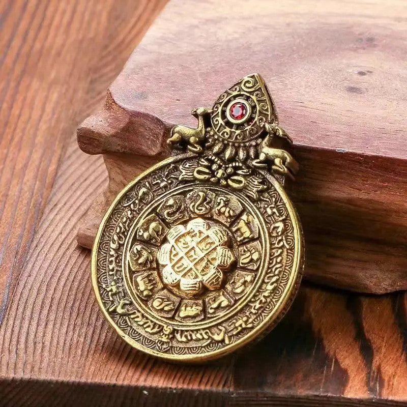 Vintage Brass Buddhist Tantra Eight Diagrams Keychain Zodiac Amulet Pendant