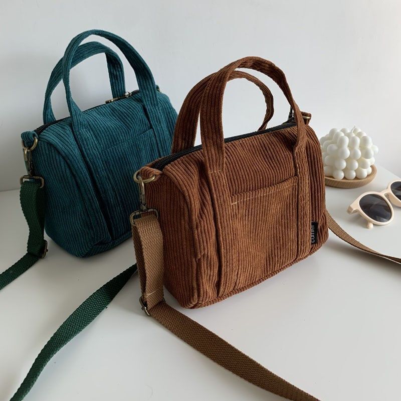 Corduroy Shoulder Bag Canvas Handbag Zipper Totes Purse Cloth Pouch 19*8*14 CM