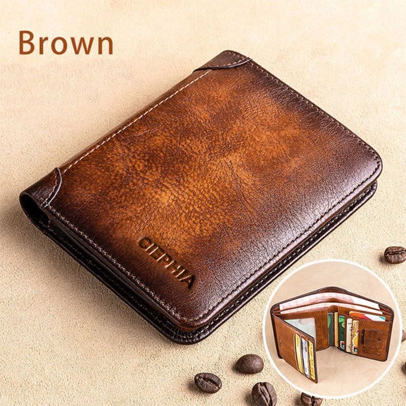 Genuine Leather Rfid Protection Wallets Vintage Thin Short Card Holder Money Bag