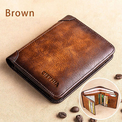 Genuine Leather Rfid Protection Wallets Vintage Thin Short Card Holder Money Bag