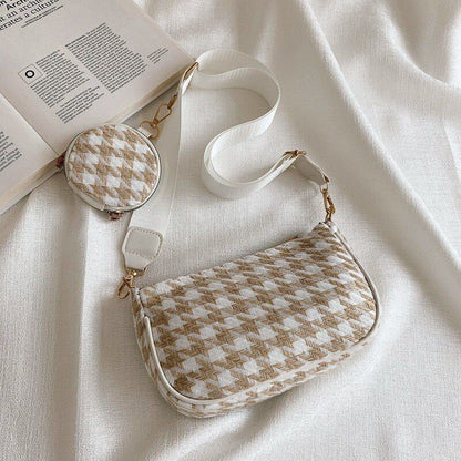 Vintage Plaid Print Shoulder Bag Round Purse Casual Small Crossbody Bags 2 pcs