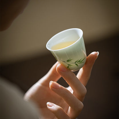 Hand Painted Dark Green Bamboo Small Tea Cup Chinese Style Fragrant Tea Cup