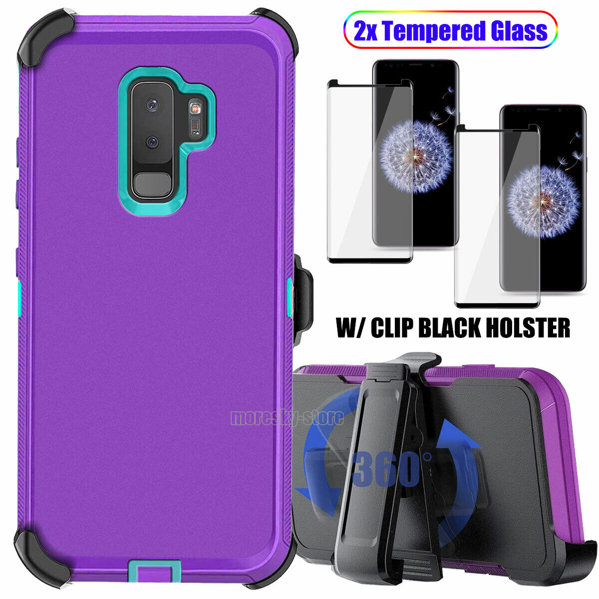 Case Clip Holster Cover,Tempered Glass Protector For Samsung Galaxy S9 / S9 Plus
