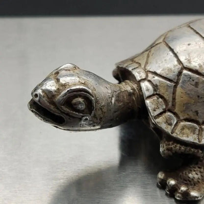 Old Chinese 2.4" Silver Folk Feng Shui Statue Animal Turtel Tortoise Longevity