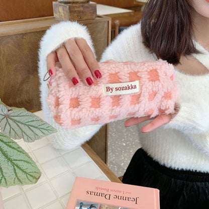 Plush Travel Cosmetic Purse Storage Bag Makeup Handbag Pencil Case Plaid Bag 1PC