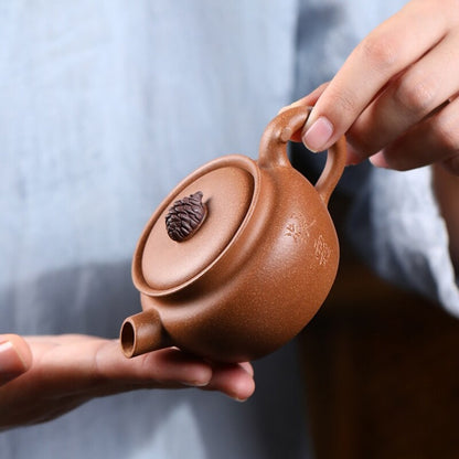 Chinese Character Carved Handmade Tea Pot Ball Shaped Infuser Hole Duan Clay Pot