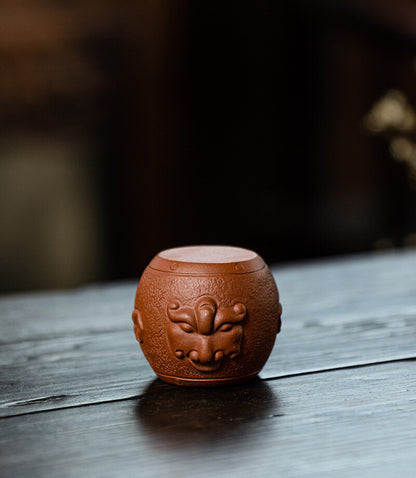 Chinese Yixing Zisha Pottery Lovable Beast Head Drum Tea Pet Statues